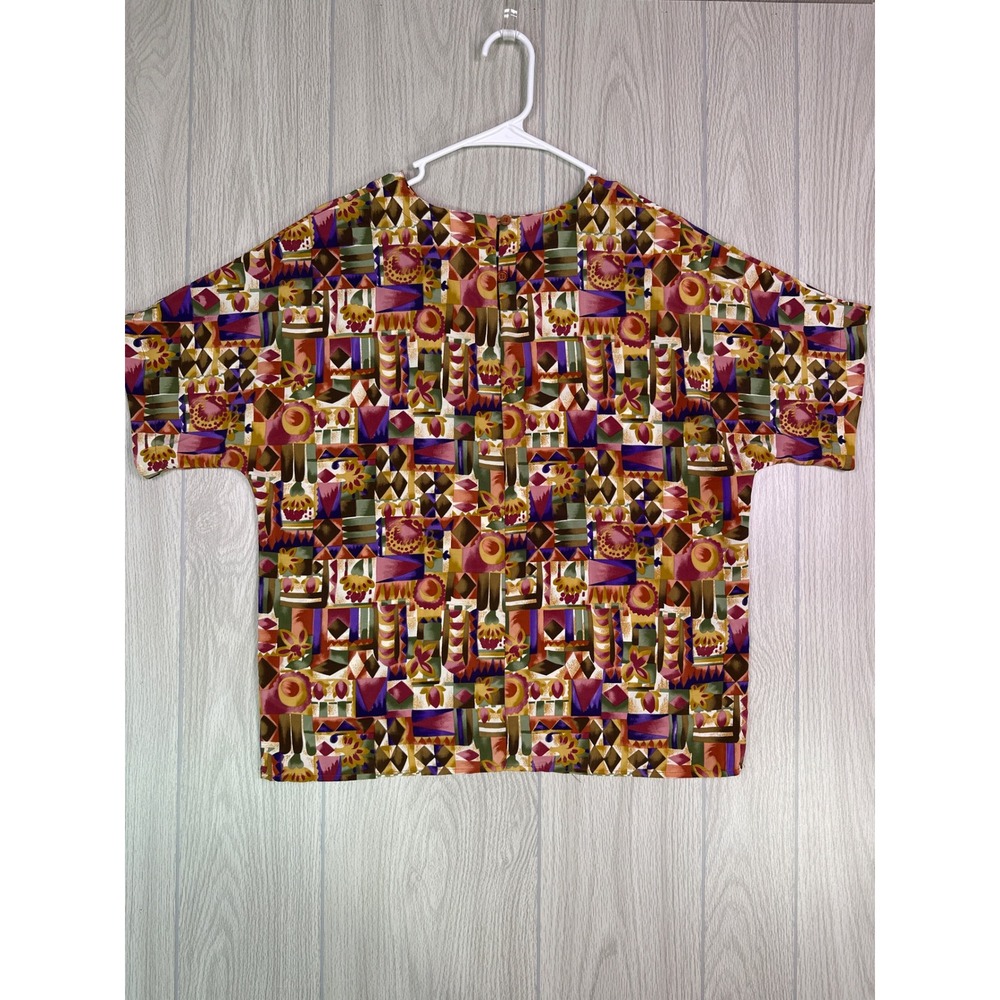 Vintage Che Studio Womens Large Abstract Geometric Short Sleeve Button Back Top
